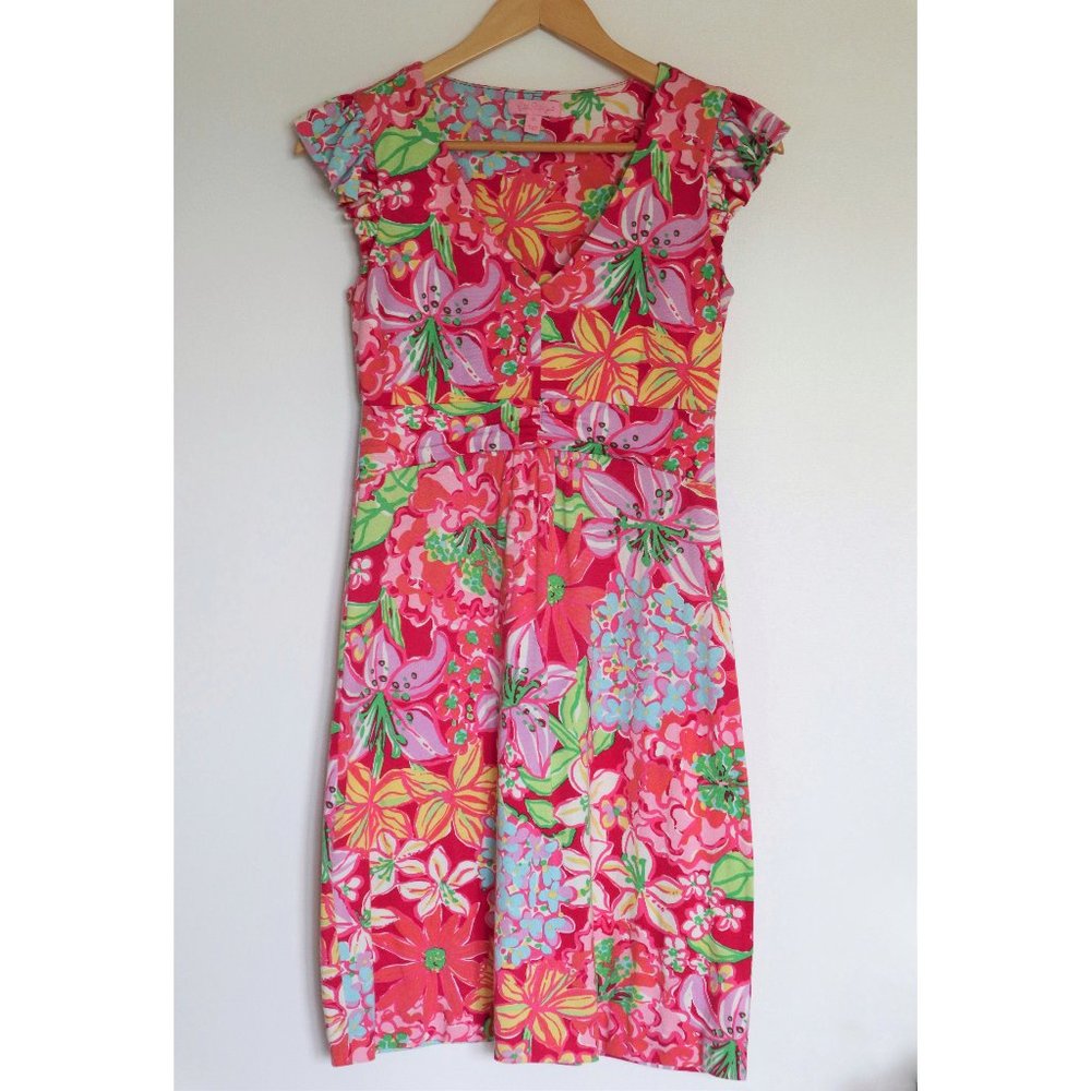 Lilly Pulitzer Pink Floral Fit and Flare Dress with Ruffle Cap Sleeve